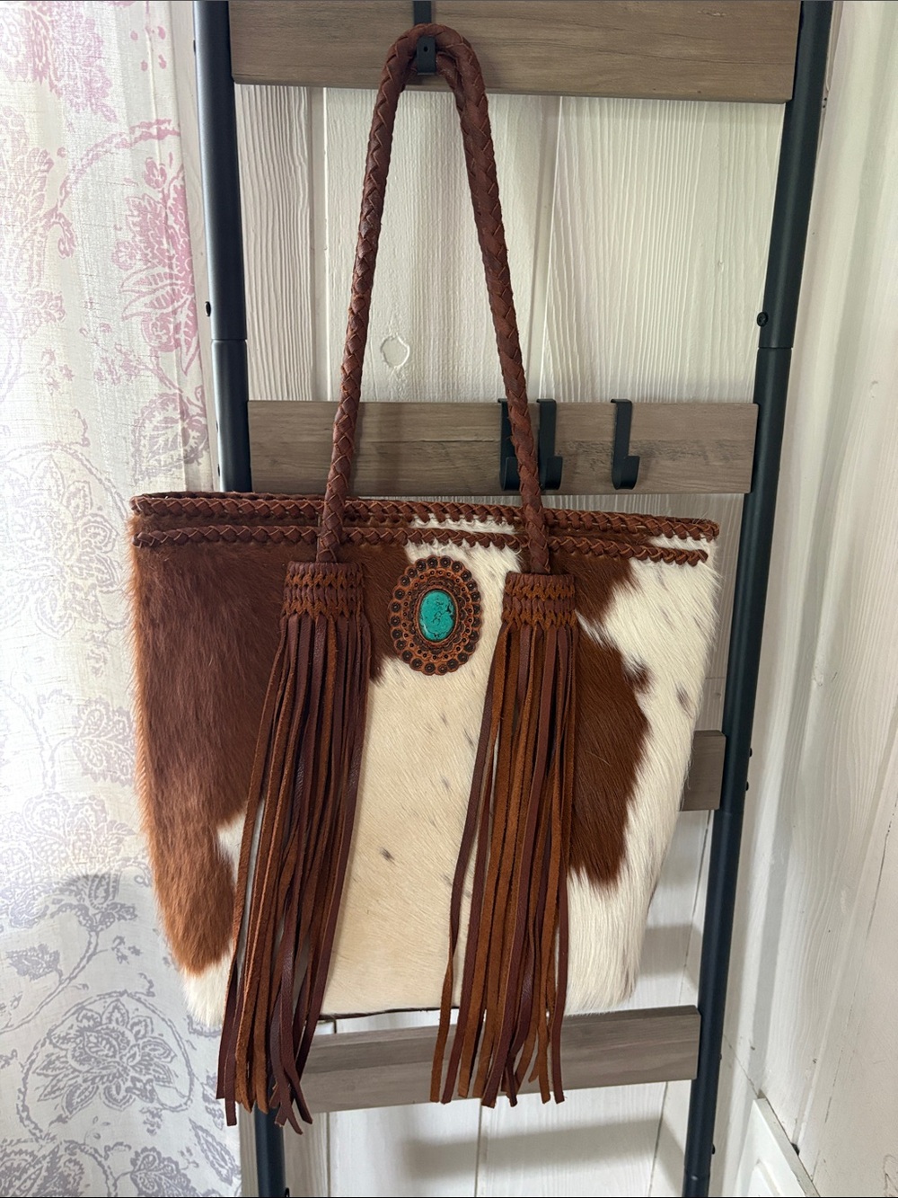 American Darling Brown and White Cowhide Fringe Tote with Turquoise Accent